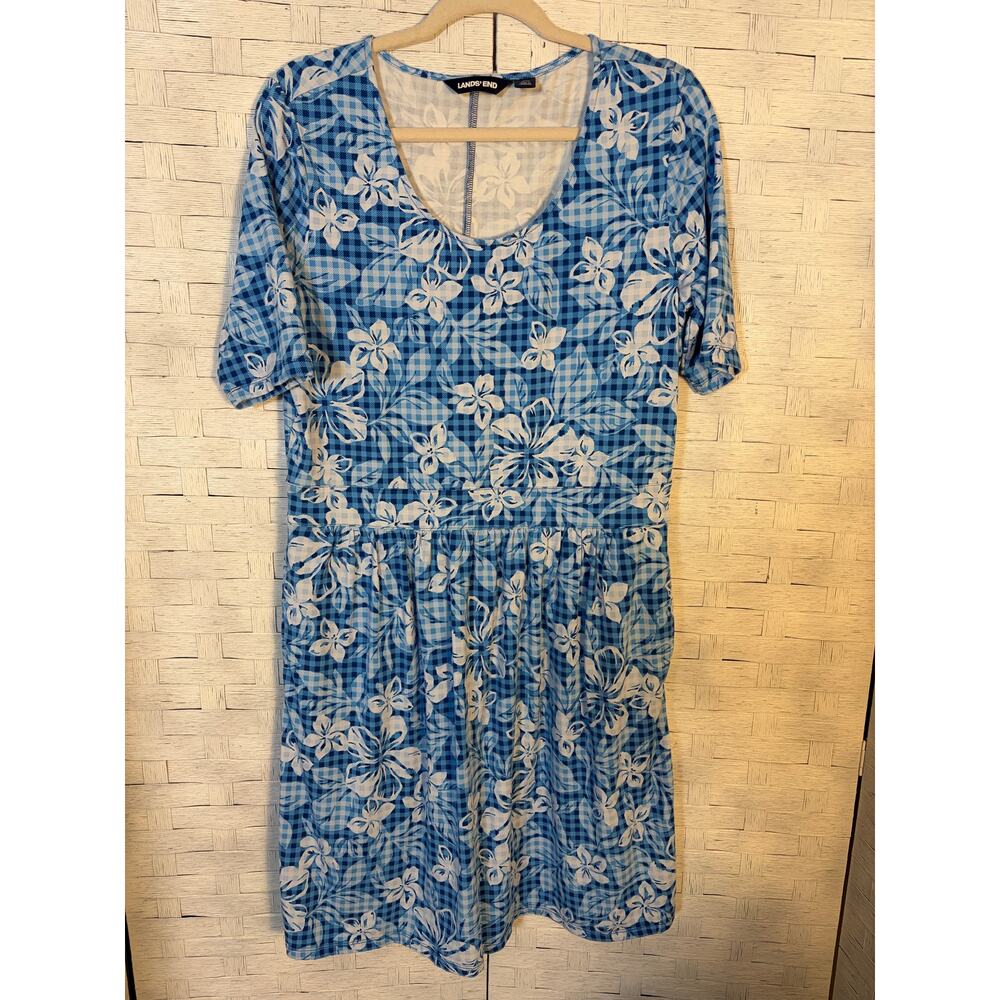 Lands'End womens T-shirt dress blue white plaid floral packets‎ feminine spring